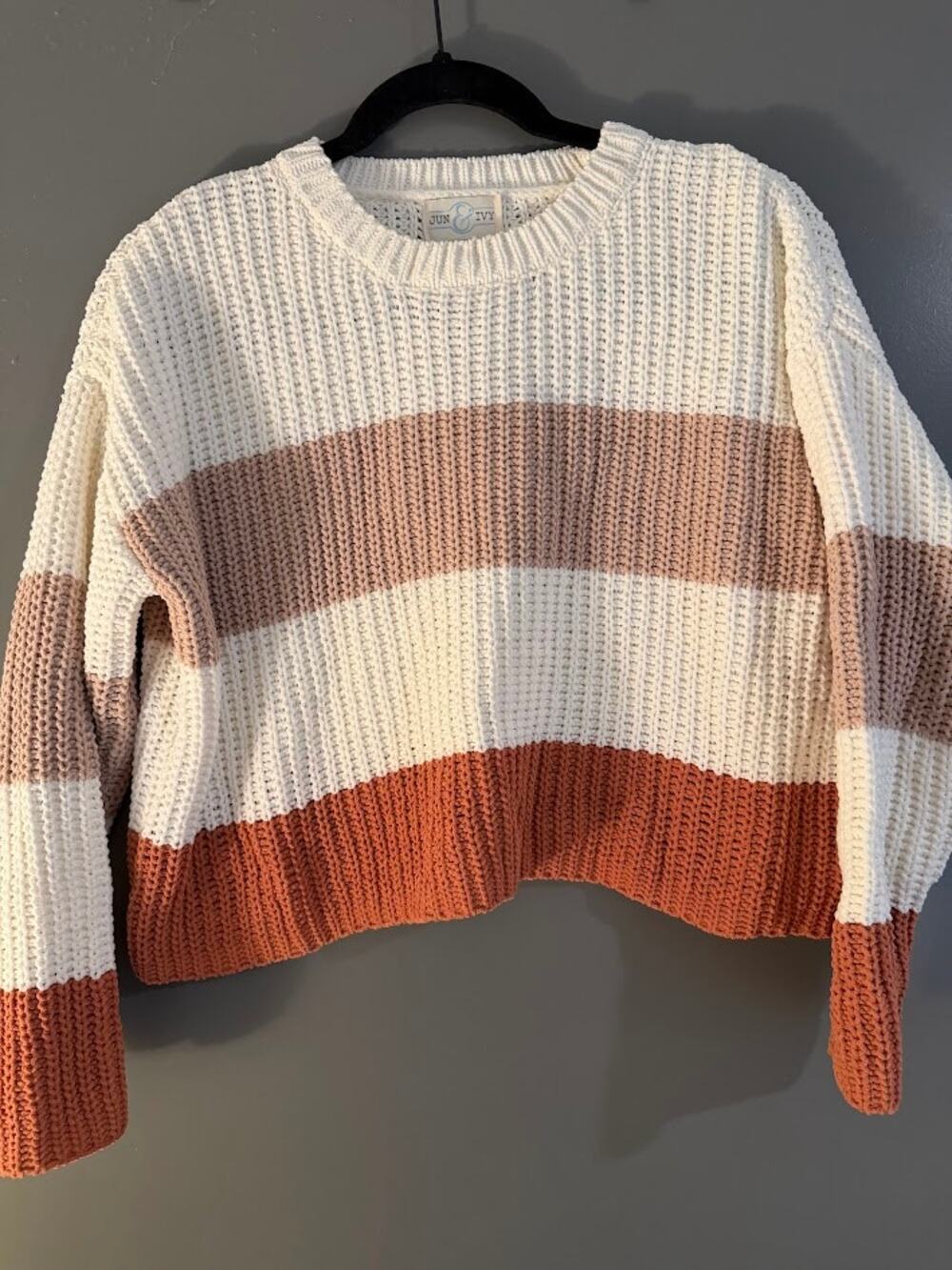 Jun & Ivy Chunky Knit Cropped Striped Sweater Cream Rust Mauve XS
